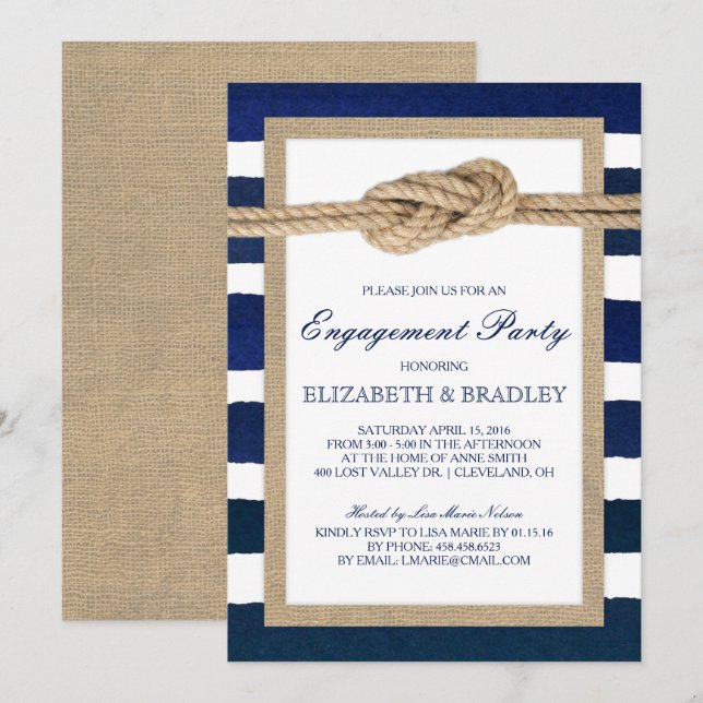 Nautical Knot Navy Stripes Bridal Engagement Party Invitation (Front/Back)