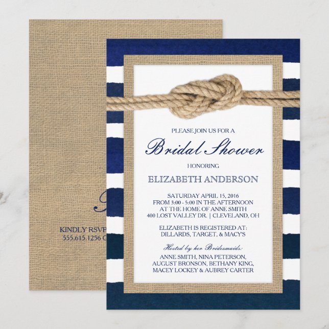 Nautical Knot Navy Stripes Rustic Bridal Shower Invitation (Front/Back)
