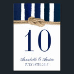 Nautical Knot Navy Stripes Wedding Table Card<br><div class="desc">This nautical custom wedding table number card features navy and white watercolor stripes with a nautical rope knot. Customize with your initials,  names,  and wedding date.</div>