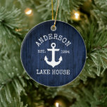 Nautical Lake House Anchor Blue Wood Family Name Ceramic Ornament<br><div class="desc">Nautical Lake House Anchor Rustic Blue Wood Family Name Ornament</div>