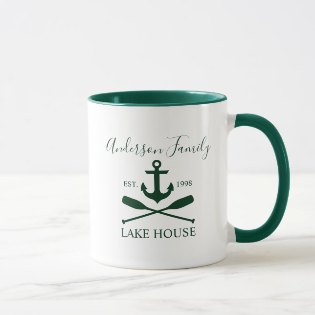 Nautical Lake House Anchor Oars Family Green White Mug (Right)
