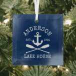 Nautical Lake House Anchor Oars Family Name Blue Glass Ornament<br><div class="desc">Nautical Lake House Anchor Oars Family Name Navy Blue Glass Ornament</div>