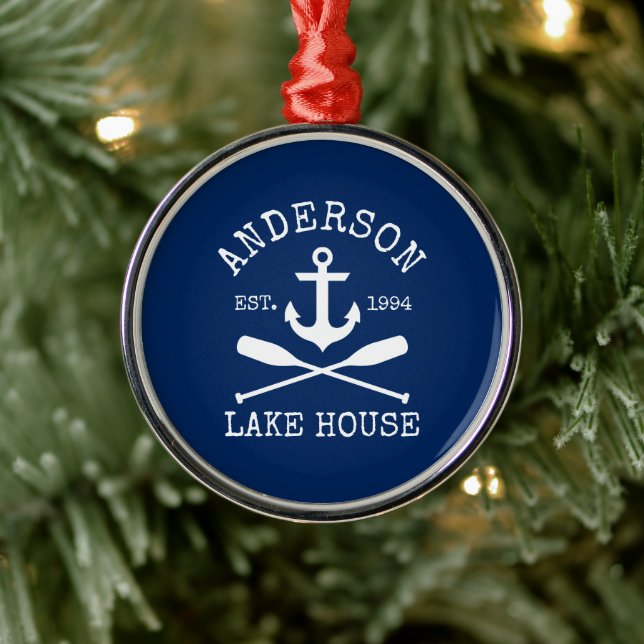 Nautical Lake House Anchor Oars Family Name Blue Metal Ornament (Tree)