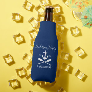 Nautical Lake House Anchor Oars Family Navy Blue Bottle Cooler