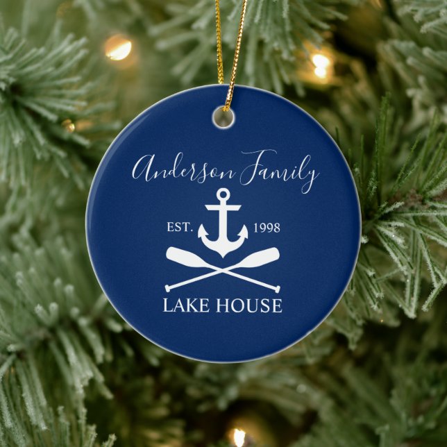 Nautical Lake House Anchor Oars Family Navy Blue Ceramic Ornament (Tree)