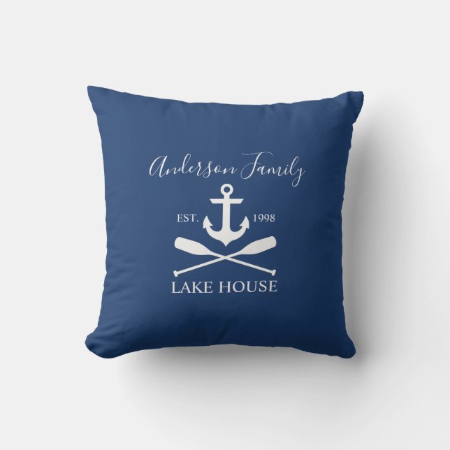 Nautical Lake House Anchor Oars Family Navy Blue Outdoor Pillow (Front)