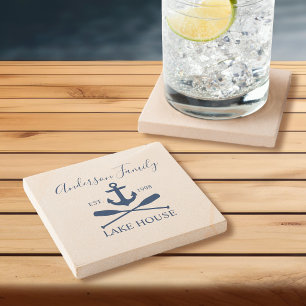 Nautical Lake House Anchor Oars Family Navy Blue Stone Coaster