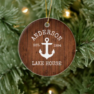 Nautical Lake House Anchor Wood Family Name Ceramic Ornament