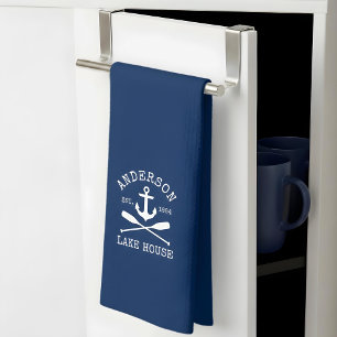 Nautical Lake House Family Anchor Oars Navy Blue Kitchen Towel