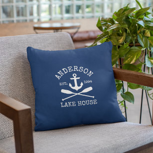 Nautical Lake House Family Anchor Oars Navy Blue Outdoor Pillow