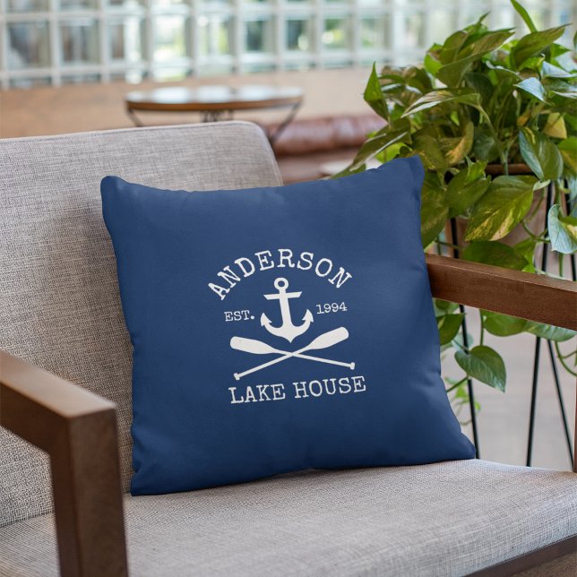 Nautical Lake House Family Anchor Oars Navy Blue Outdoor Pillow (Customize to change text size or text style.)