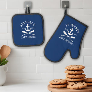 Nautical Lake House Family Anchor Oars Navy Blue Oven Mitt & Pot Holder Set