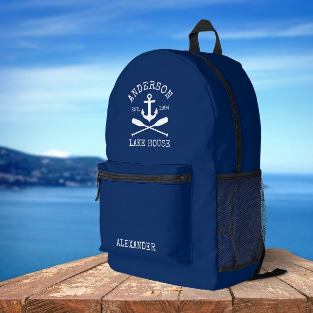 Nautical Lake House Family Anchor Oars Navy Blue Printed Backpack (Customize to change text size or text style.)