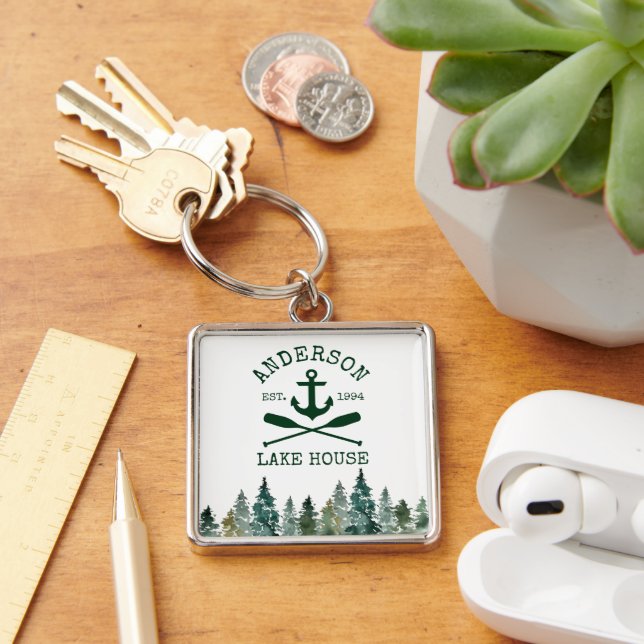 Nautical Lake House Family Name Anchor Oars Pines Keychain (Desk)
