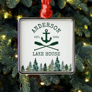 Nautical Lake House Family Name Anchor Oars Pines Metal Ornament