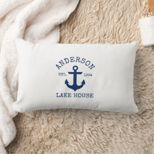 Nautical Lake House Family Name  Navy Blue Anchor Lumbar Pillow