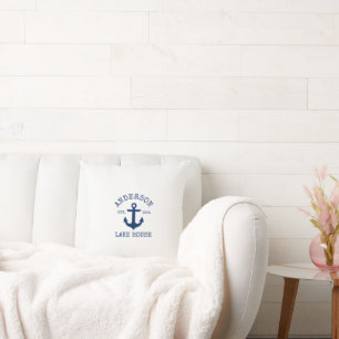 Nautical Lake House Family Name Navy Blue Anchor Throw Pillow