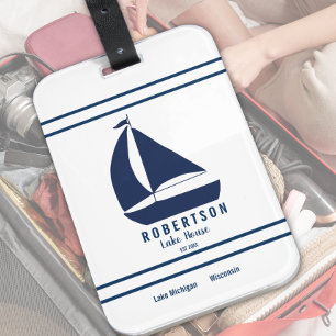 Nautical Lake House Family Name Sailboat Luggage Tag