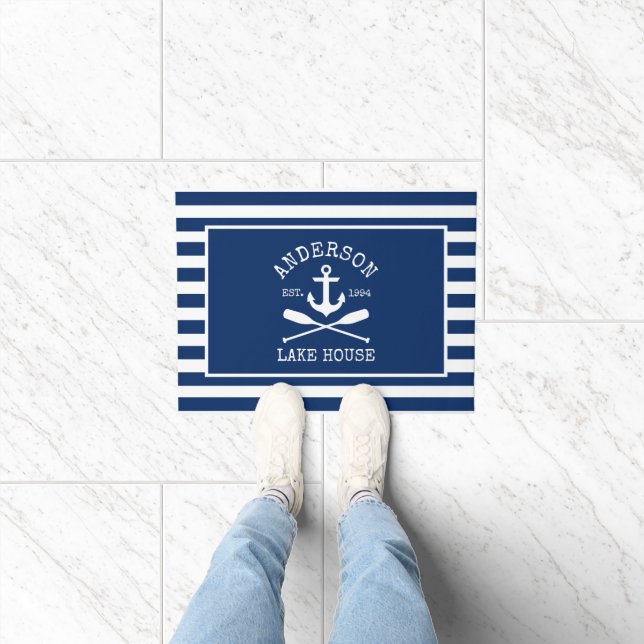 Nautical Lake House Navy Blue Striped Anchor Oars Doormat (Indoor)