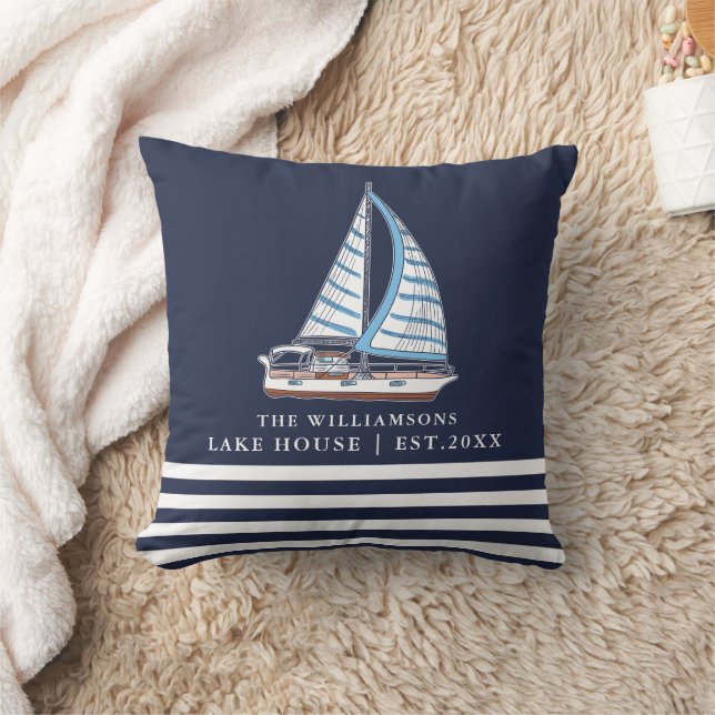 Nautical Lake House Sail Boat Custom Navy Blue Throw Pillow (Blanket)