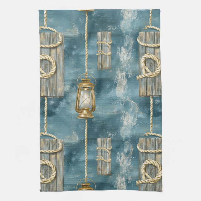 Nautical Lantern Rope Coastal Blue Pattern (1) Kitchen Towel (Vertical)
