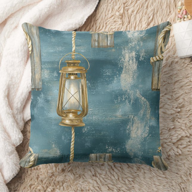 Nautical Lantern Rope Coastal Blue Pattern (1) Throw Pillow (Blanket)