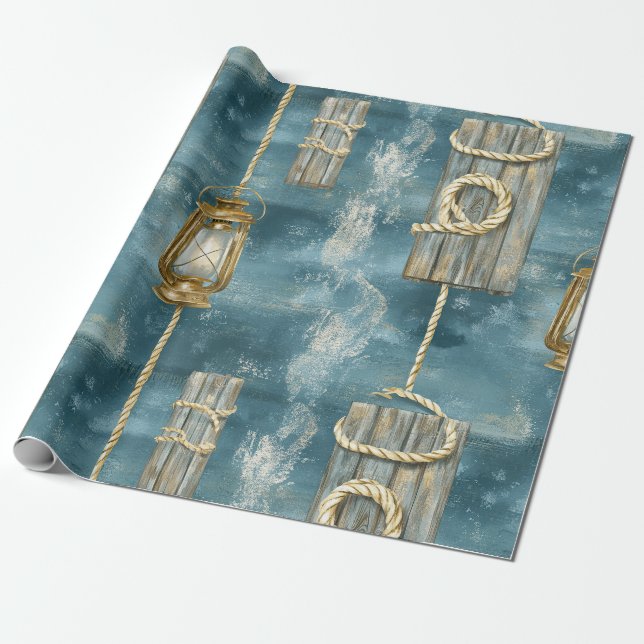 Nautical Lantern Rope Coastal Blue Pattern (1) Wrapping Paper (Unrolled)