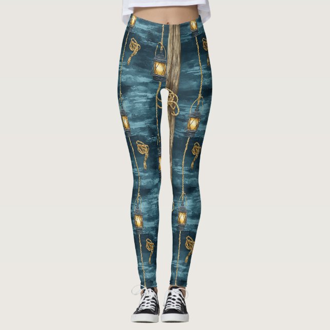 Nautical Lantern Rope Coastal Blue Pattern (2) Leggings (Front)