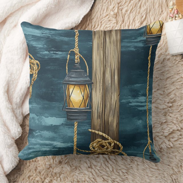 Nautical Lantern Rope Coastal Blue Pattern (2) Throw Pillow (Blanket)