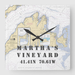 Nautical Latitude Longitude: Martha's Vineyard, MA Square Wall Clock