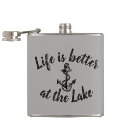 nautical LIFE IS BETTER AT THE LAKE and anchor Hip Flask