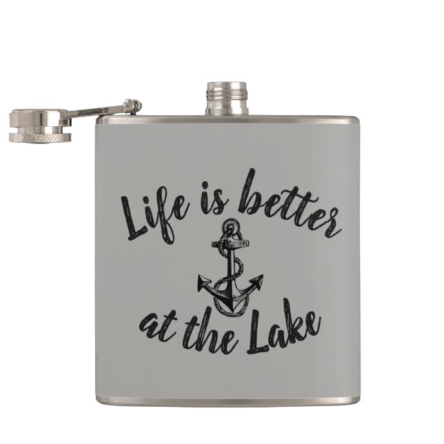 nautical LIFE IS BETTER AT THE LAKE and anchor Hip Flask (Opened)