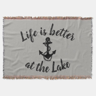 nautical LIFE IS BETTER AT THE LAKE typography Throw Blanket
