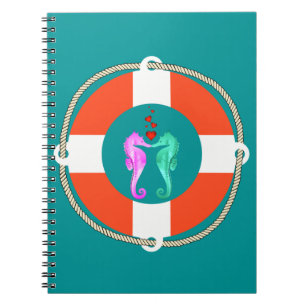 Nautical life preserver/aqua/pink/seahorses hearts notebook