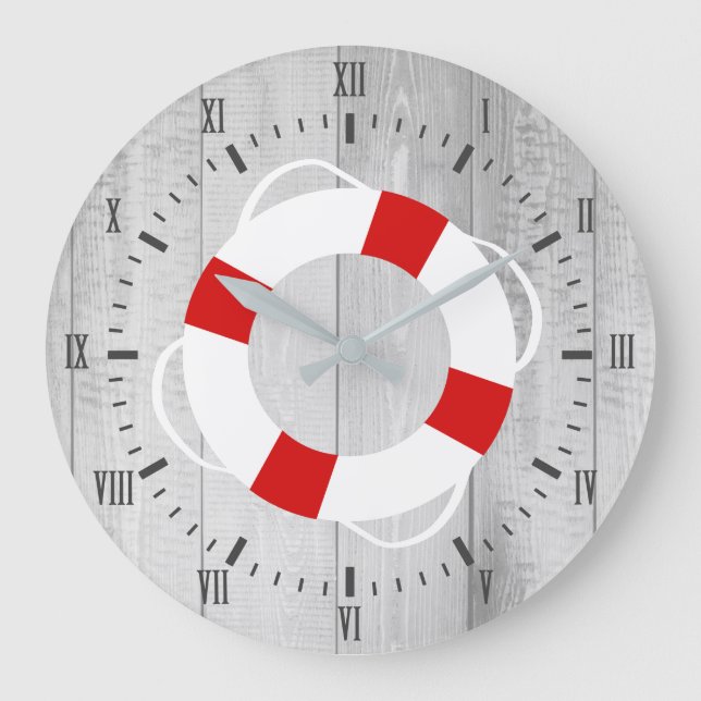Nautical Life Saver Buoy & Grey Wood Print Large Clock (Front)