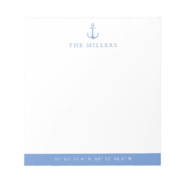 Nautical Light Blue Anchor Latitude/Longitude  Notepad (Front)