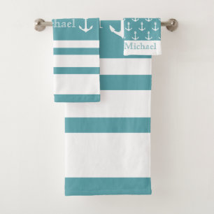 Nautical Light Blue And White Stripes Anchor Name Bath Towel Set