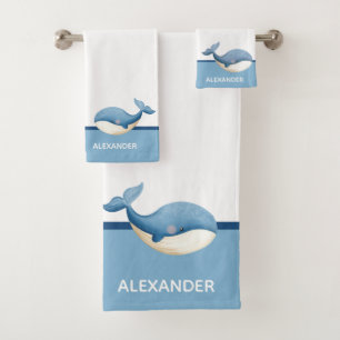 Nautical Light Blue White Whale Bath Towel Set