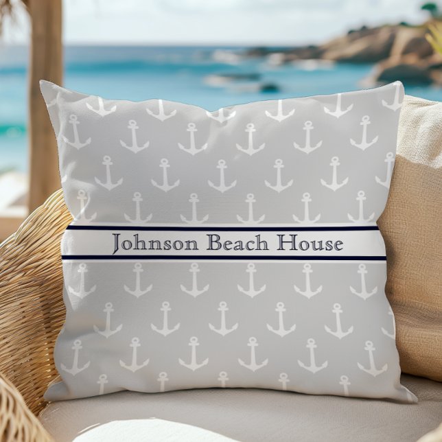 Nautical Light Grey Blue White Anchor Pattern Name Throw Pillow (Creator Uploaded)