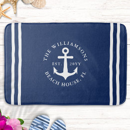 Nautical Light Navy Blue White Anchor Monogrammed Bath Mat