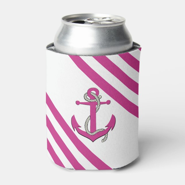 Nautical Light Pink anchor with rope/pink stripe Can Cooler (Can Front)