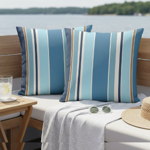 Nautical Light Teal Dark Navy Blue White Stripes Outdoor Pillow
