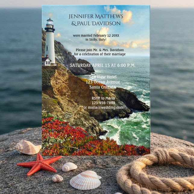 Nautical Lighthouse After Wedding Invitation (After wedding party invitation featuring a painting of a coast with a lighthouse in vibrant colors)