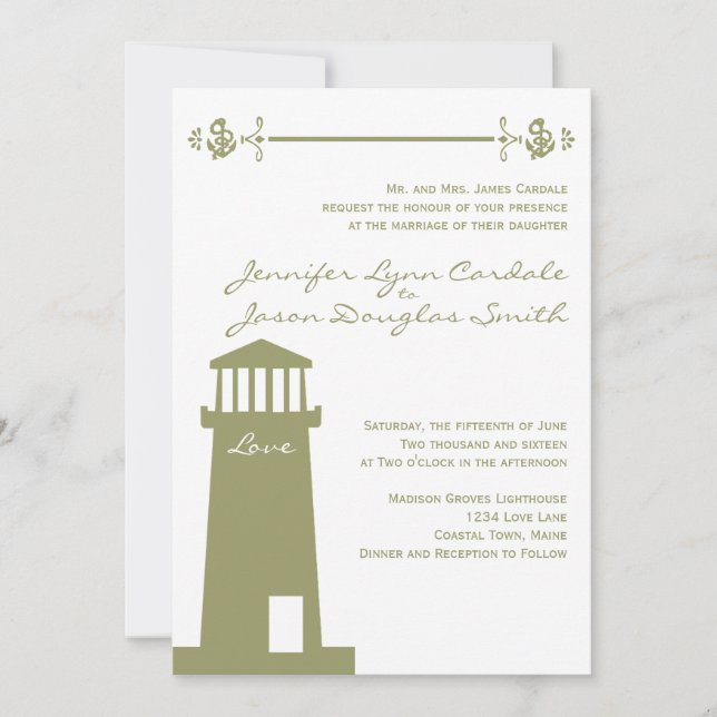 Nautical Lighthouse Anchor Sage Wedding Invitation (Front)