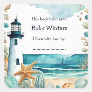 Nautical Lighthouse Baby Shower Bookplate Square Sticker