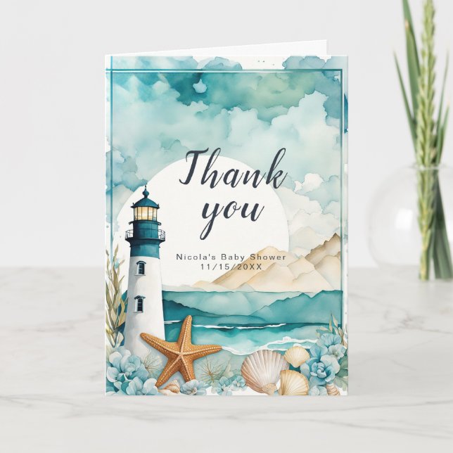 Nautical Lighthouse Baby Shower Thank You Card (Front)