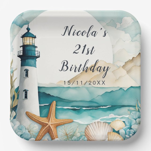 Nautical Lighthouse Birthday Paper Plate (Front)