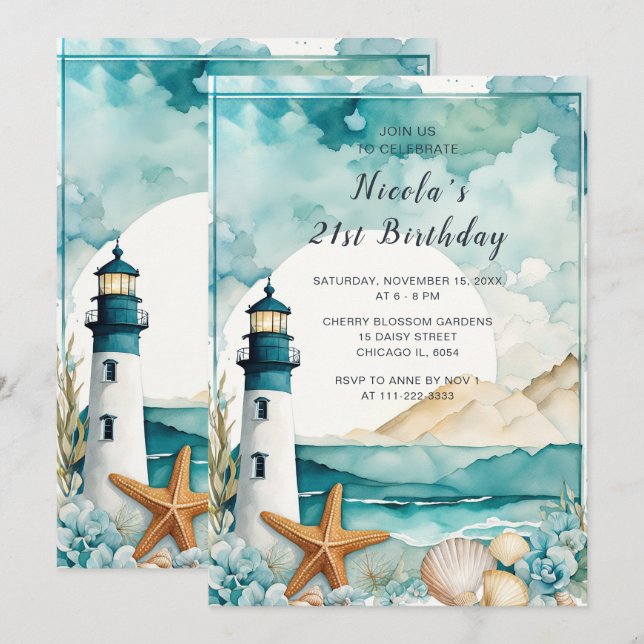 Nautical Lighthouse Birthday Party Invitation (Front/Back)