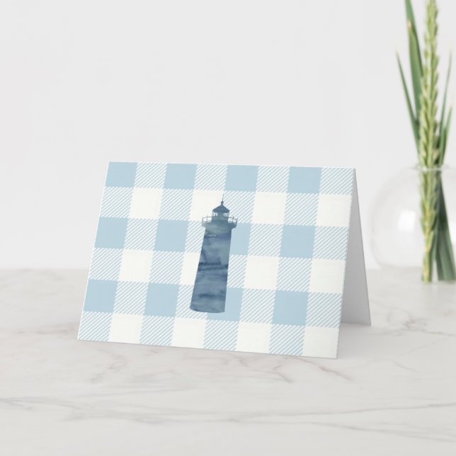 Nautical Lighthouse Blue Gingham Pattern Card (Front)