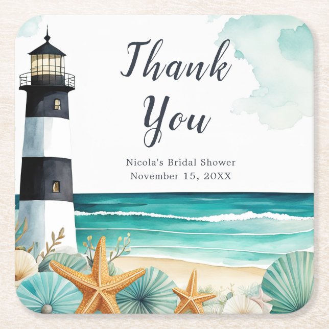 Nautical Lighthouse Bridal Shower Square Paper Coaster (Front)